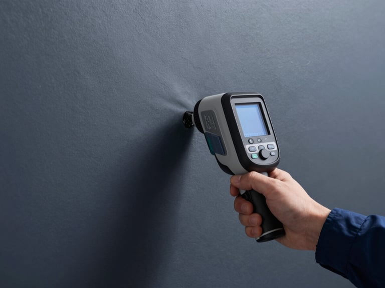 Thermal imaging camera view of a wall showing a hidden water leak, with an engineer's hand pointing, high-contrast cool daylight, deep navy and graphite tones, sharp focus, 35mm lens.