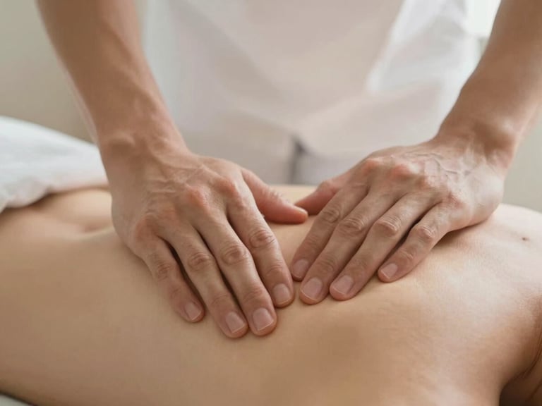 Warm editorial photography, macro shot of precise hand placement performing lymphatic drainage massage on a serene client, soft natural light, warm alabaster tones, shallow depth of field, 35mm, landscape
