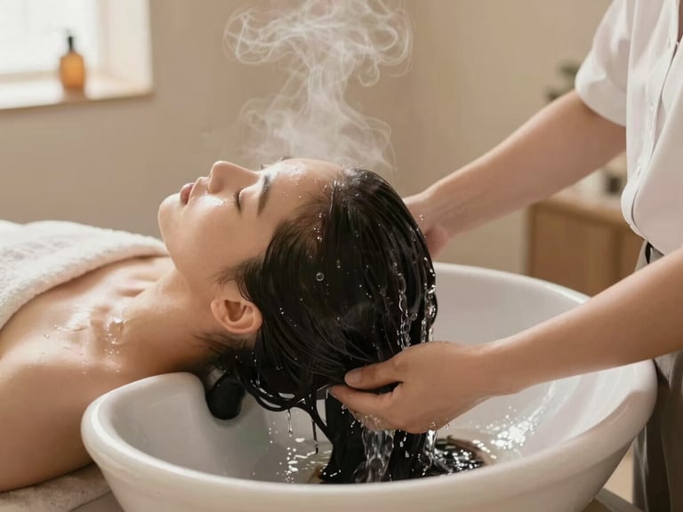 Warm editorial photography, a professional head spa setup with running water over dark hair, steam rising softly, diffused warm natural light, serene spa environment, shallow depth of field, 35mm