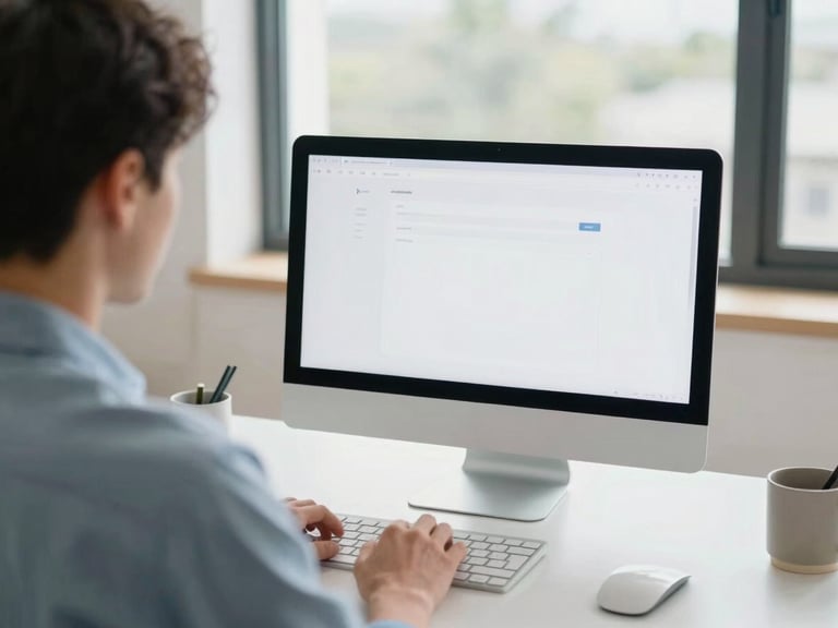 Over-the-shoulder view of a professional adult studying online on a desktop computer, modern home office setup, bright natural daylight, soft blue and neutral tones.