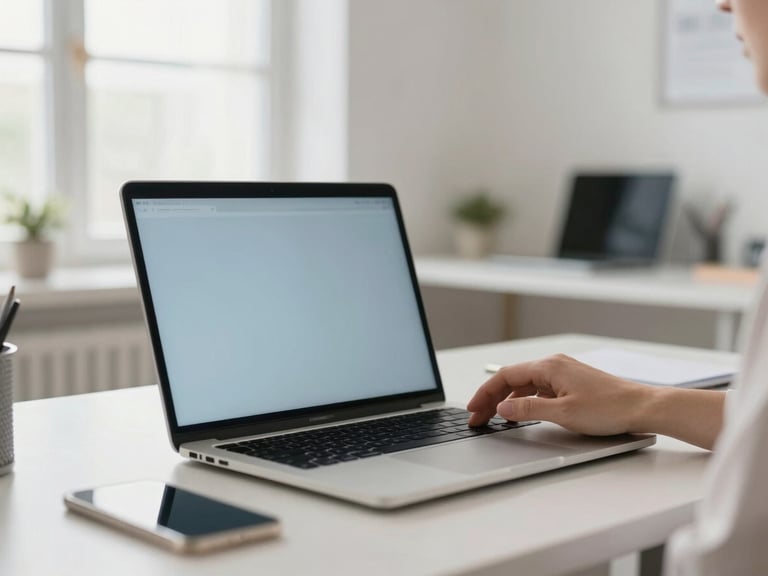 Professional adult focused on a clean laptop screen in a modern home office, bright natural daylight, shallow depth of field, neutral tones.