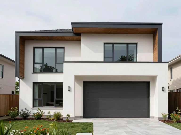 Exterior architectural shot of a modern home addition, clean geometric lines, soft overcast lighting, organized surrounding landscape.