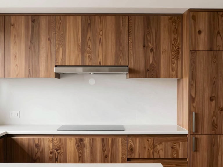 Crisp architectural photography of a modern kitchen remodel, bright natural daylight, walnut cabinets, clean geometric composition.