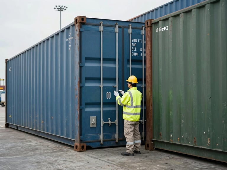 A quality control officer in high-visibility gear inspecting cargo containers at an active port, industrial documentary photography, overcast daylight, desaturated steel blue tones