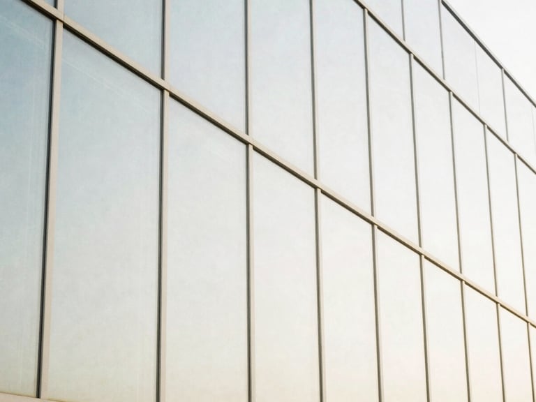 Abstract geometric composition of architectural glass panels reflecting bright daylight, clean lines, minimalist structure, high-key exposure.