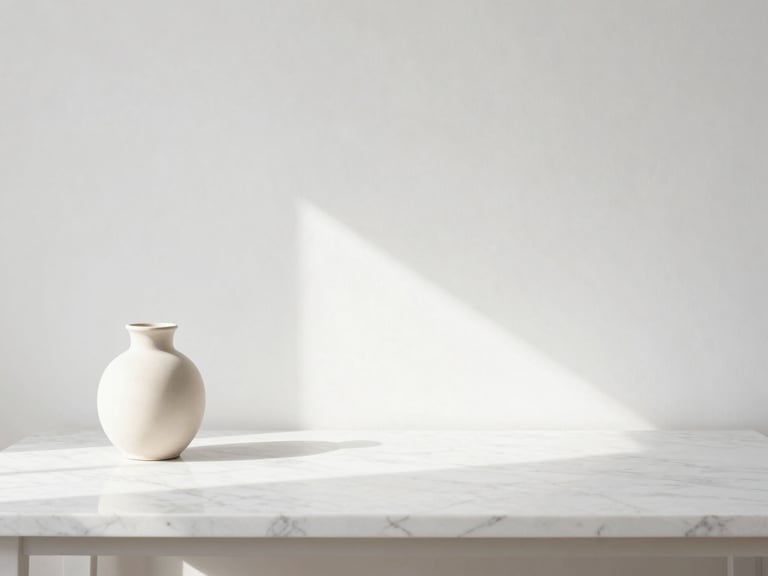 Clean, uncluttered workspace with a marble desk, a single ceramic vase, soft natural light streaming from the side, minimalist aesthetic.