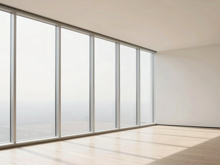 Bright, clean minimalist office interior with floor-to-ceiling windows, flooded with natural daylight, sharp architectural lines, soft warm sand tones.