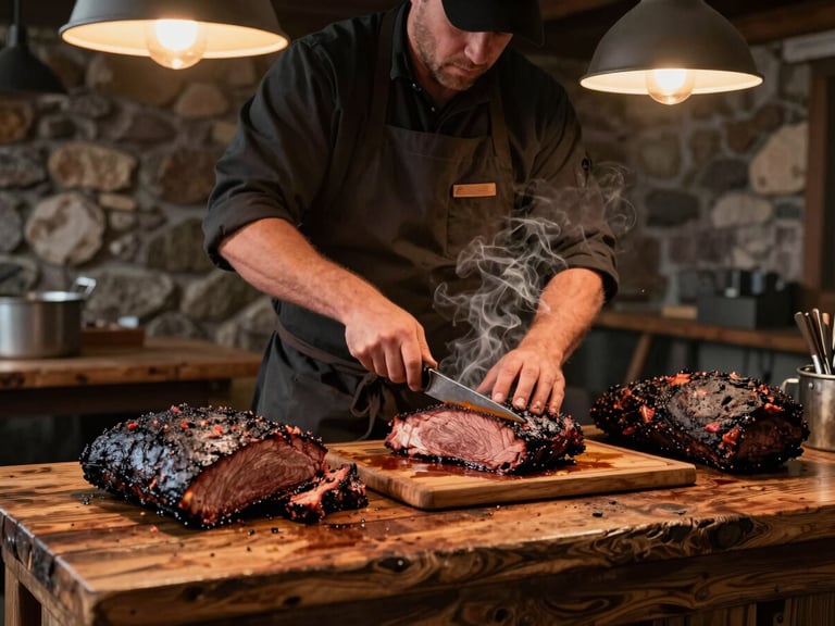 A pitmaster in a dark apron carving whole smoked brisket at a live carving station — rustic wood-plank table, glowing amber light from overhead warmers, smoke wisps rising from the surface, mountain lodge stone wall visible in the background, no face shown