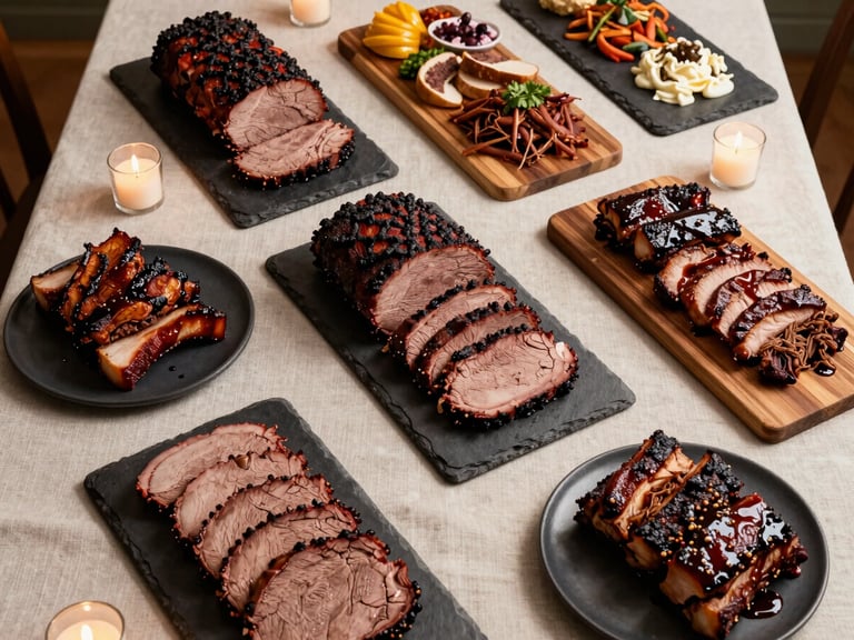 Overhead tablescape study of a large communal platter service — sliced smoked brisket, pulled pork, ribs, and sides arranged on slate and wood boards across a linen-covered table, warm candlelight, no hands or faces