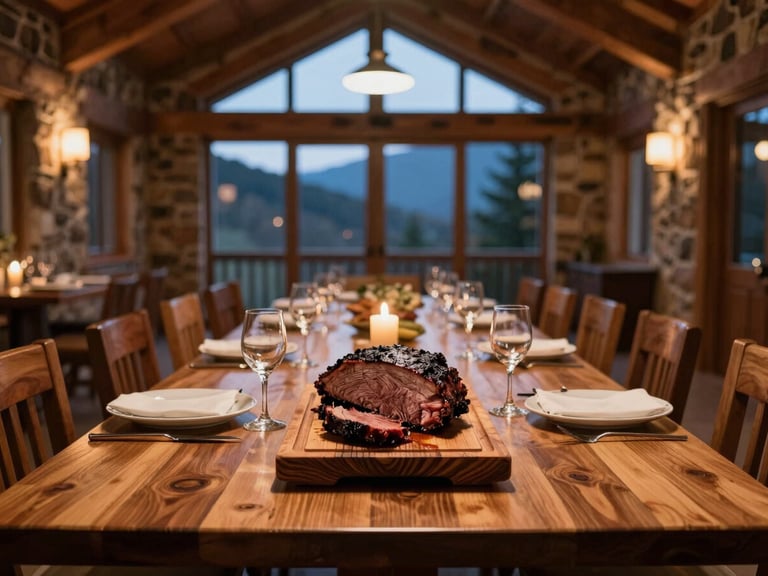 Wide environmental shot inside a mountain lodge event space at dusk, long timber table set for a formal dinner, whole smoked brisket on a carved wood serving board at the table center, warm amber candlelight and wall sconces illuminating the stone and timber interior, no guest faces visible