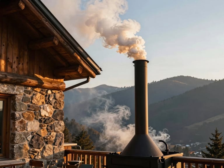 Tall portrait framing of a large offset smoker in golden-hour light outdoors at a mountain venue, heavy white smoke rolling from the stack, stone and timber lodge wall visible to the left, no people, rich warm tones