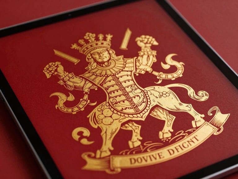 Digital tablet displaying a technical e-book cover with heraldic line art, studio lighting, rich crimson and gold tones, sharp product focus, 35mm