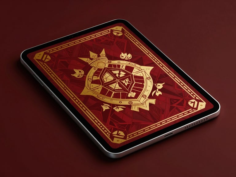 Clean mockup of a technical e-book cover on a modern tablet, featuring geometric heraldic patterns, dramatic high-contrast studio lighting, rich crimson and gold tones, sharp product focus, 35mm