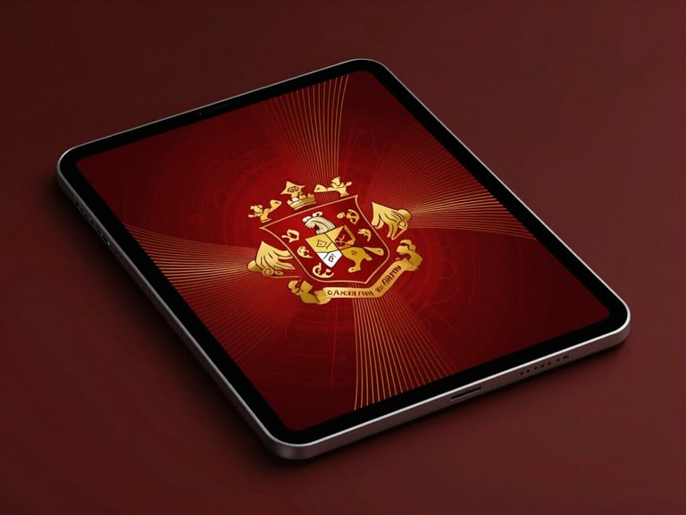 Clean mockup of a programming e-book cover on a modern tablet, featuring abstract digital lines and heraldic elements, dramatic high-contrast studio lighting, rich crimson and gold tones, sharp product focus, 35mm