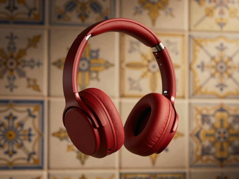 Clean packshot of premium Bluetooth headphones, elegant and modern, against a subtle background of Portuguese tiles, dramatic high-contrast studio lighting, rich crimson and gold tones, sharp product focus, 35mm