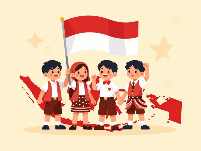 Playful flat vector illustration of Indonesian elementary school children holding a red and white flag over a stylized map of Indonesia, warm sunny daylight, cheerful cultural motifs, clean geometric shapes