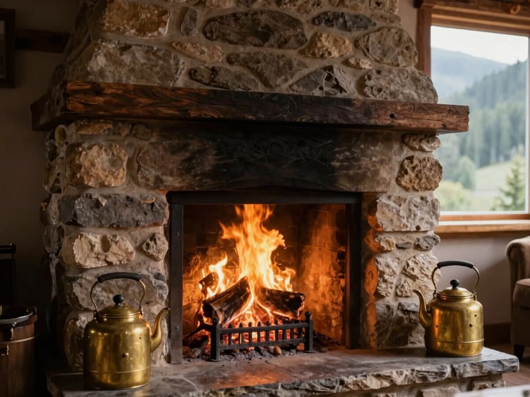Close-up of an original stone fireplace in the cottage living room, crackling amber fire glow, vintage brass kettle on the hearth, soft shadows, warm editorial photography.