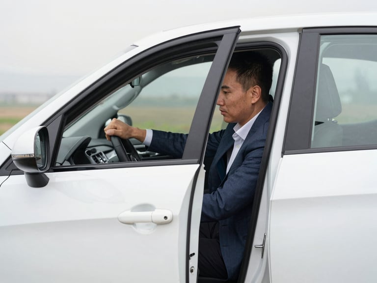 A professional local driver in smart-casual wear opening a clean car door for a passenger, soft daylight, realistic colors