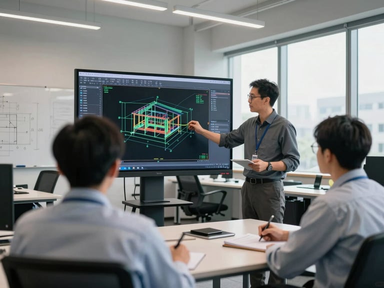 Over-shoulder view of a corporate training session in an engineering office — an instructor standing beside a large monitor showing a structural AutoCAD drawing, two seated engineers in work shirts taking notes, daylight from office windows, overhead fluorescent ambient, whiteboard with project dimensions visible at left edge
