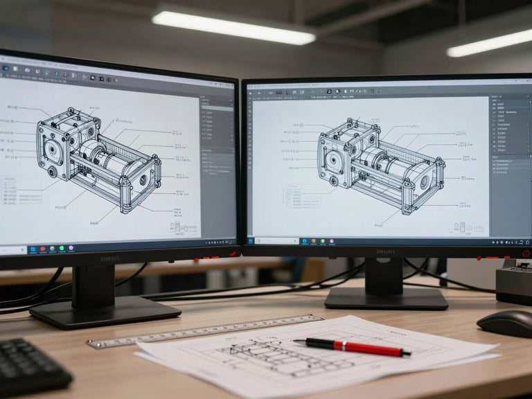 Close-up wide desk shot of an engineer's workstation mid-project — dual monitors showing a detailed mechanical assembly drawing with cross-section annotations, physical blueprint printout pinned beside the monitor, a drafting scale and red pen resting on paper, overhead fluorescent light, no person present — the work itself is the subject