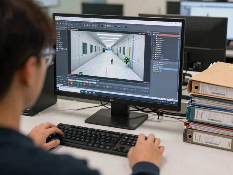 Close-up over-shoulder framing of a student's hands on a mouse and keyboard at a Civil 3D workstation, corridor model visible on screen with alignment annotations, fluorescent office lighting, engineering reference binders stacked at the desk edge, documentary framing