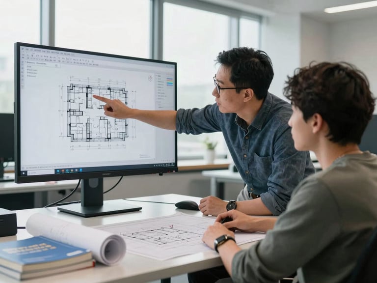 Medium shot of an instructor pointing at a detailed CAD drawing on a large monitor, a student seated at the workstation following along, engineering reference books and a rolled blueprint on the desk, daylight from a wide office window, no posed expressions