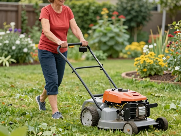 Lady mowing lawn