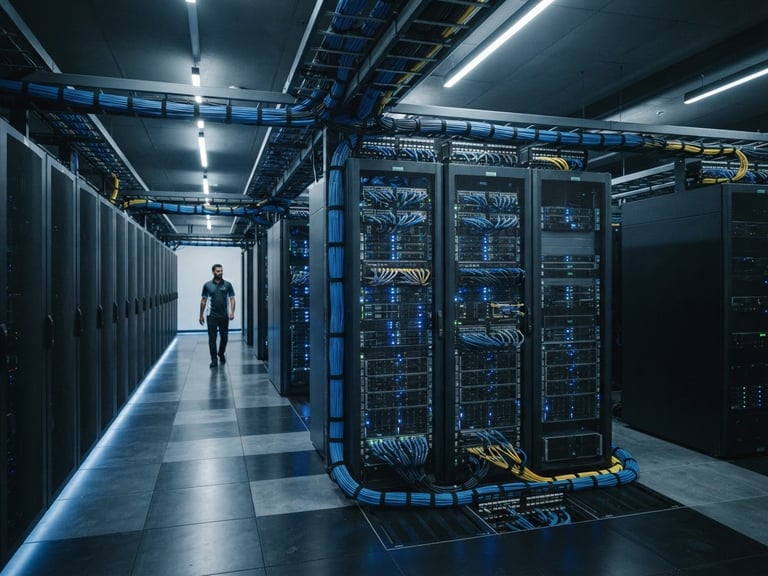 Sleek modern server room in Riyadh, cool-toned blue and slate lighting, immaculate cable management, sharp architectural shadows, 35mm lens