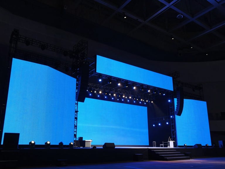 Wide-angle dramatic shot of a massive corporate stage setup with glowing blue LED screens and overhead truss rigs, deep shadows, crisp details