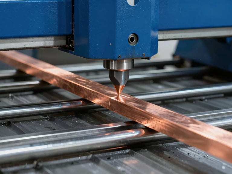 Industrial CNC shearing blade cutting a copper bar precisely, bright studio lighting, metallic steel focus