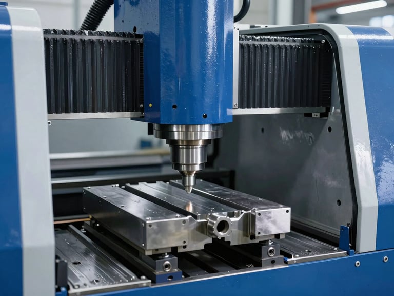 Industrial CNC busbar processing machine in a modern factory, crisp studio lighting, deep blue and metallic steel tones, sharp focus, 50mm