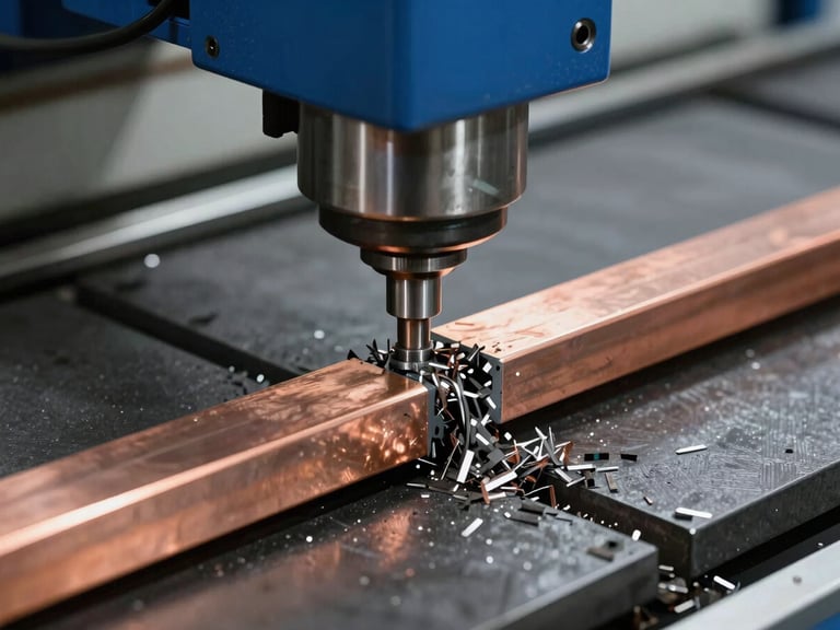 Close-up of automated CNC punching head striking a thick copper busbar, cold steel gray tones, precise metal shavings