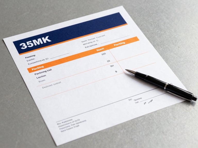 Overhead shot of a commercial invoice and packing list laid out on a clean, grey metallic surface, with a pen poised as if for signature, bright, even lighting, sharp industrial photography, 35mm.