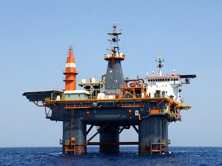 Oil rig platform in the Arabian Gulf at midday, supply vessel nearby, sharp industrial photography, deep navy and high-visibility orange accents.
