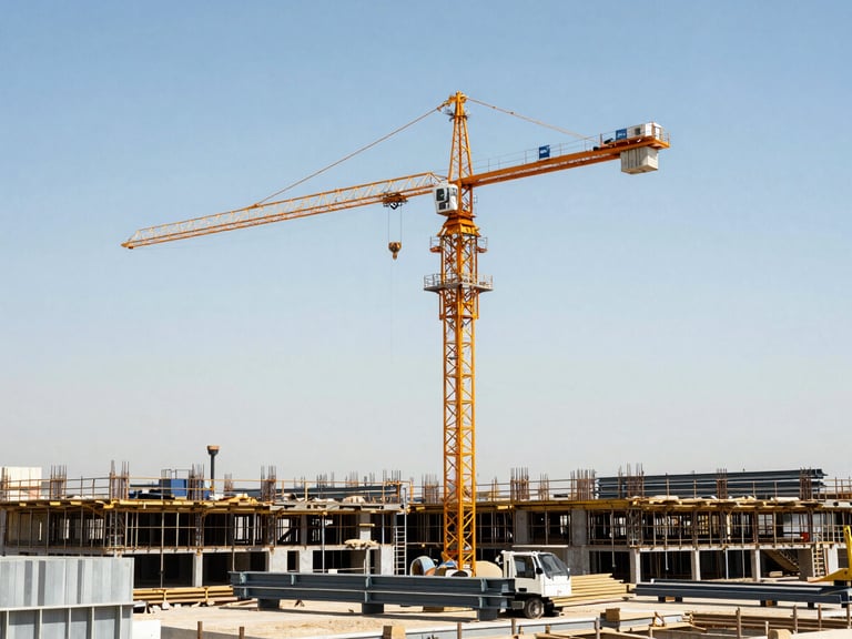 Construction site in Dubai, large cranes, heavy machinery, and steel beams under bright midday sun, sharp industrial photography.