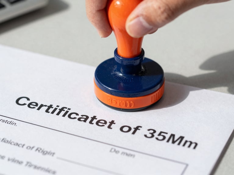 Macro shot of a Certificate of Origin document being stamped with an official seal, focus on the seal and official text, on a modern desk under bright, clear lighting, sharp industrial photography, 35mm.