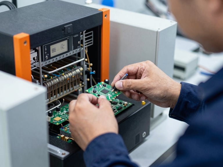 Close-up of a technician handling sensitive electronic equipment in a clean room, focus on precision and high-tech, sharp industrial photography.