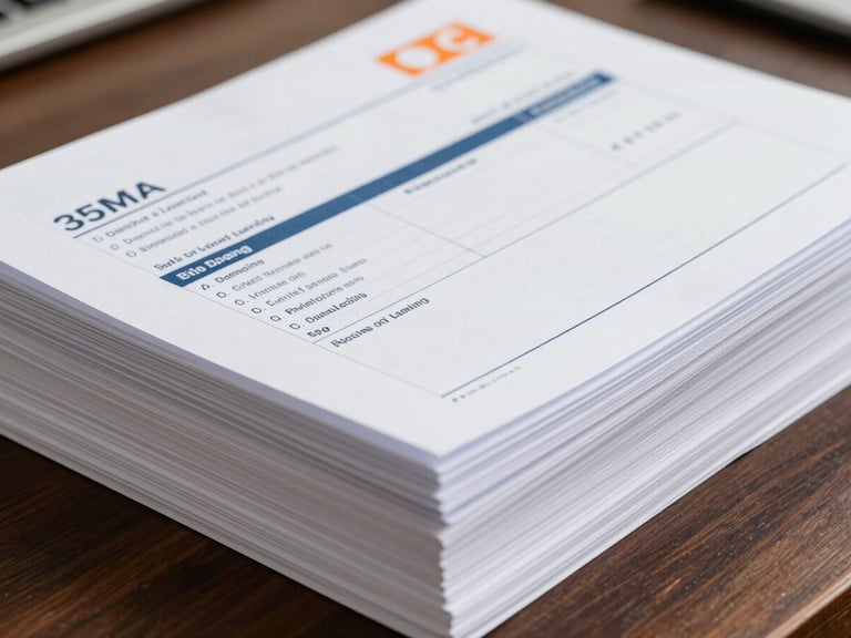 Close-up of a meticulously organized stack of Bill of Lading documents, crisp white paper, blue ink, on a dark wooden desk under bright office lighting, sharp industrial photography, 35mm.