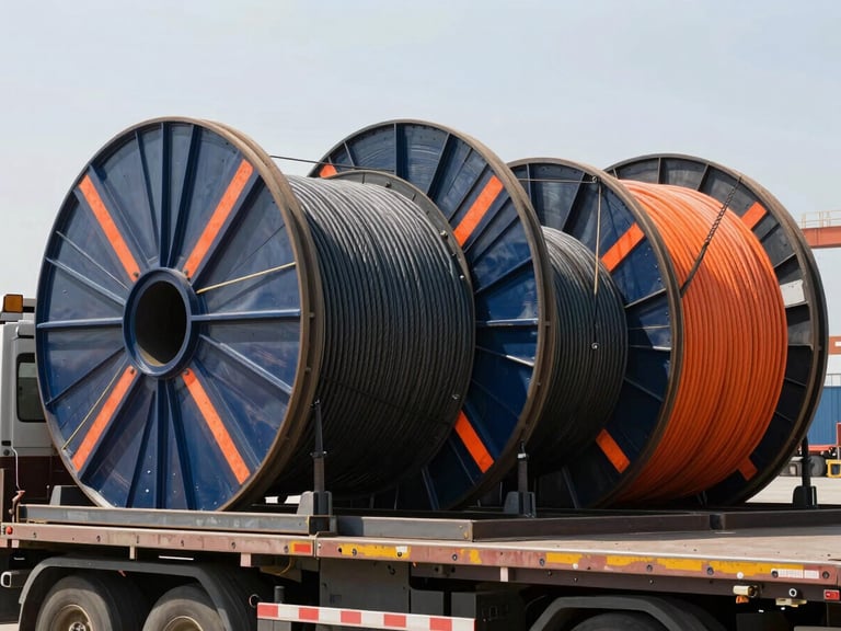 Wide shot of large industrial cable reels being loaded onto a flatbed truck at a port, sharp industrial photography, bright midday sun, deep navy and high-visibility orange accents, crisp details, 35mm.