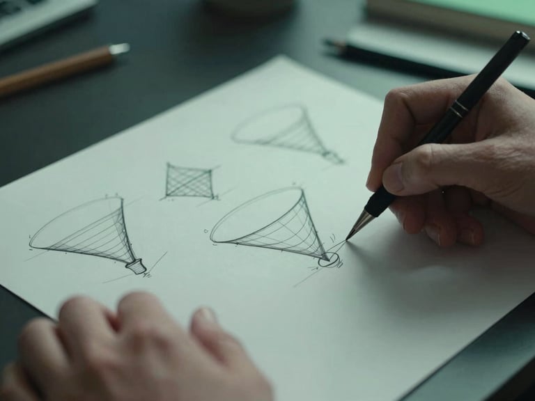 Close-up of hands sketching wireframes and funnel architecture on a clean dark desk, cool ambient green highlights.