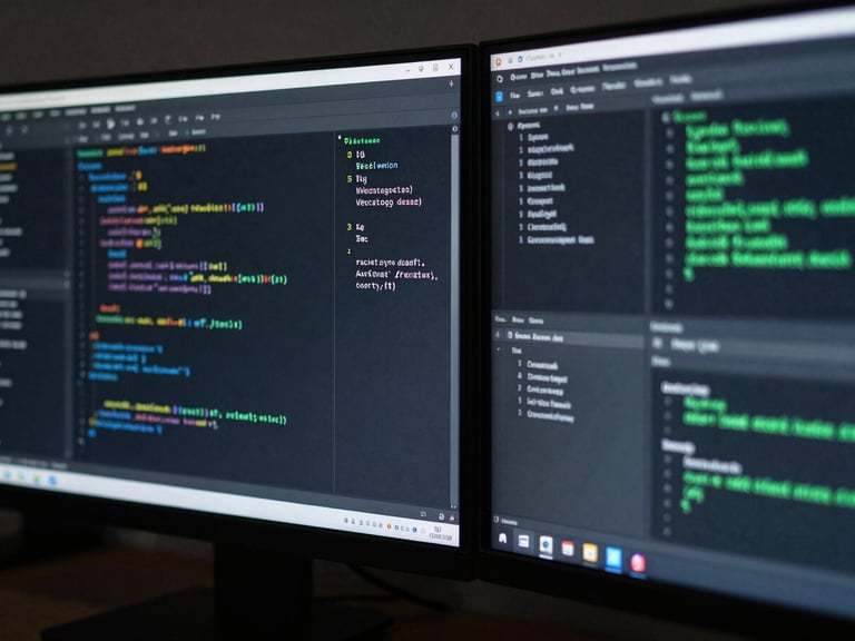 Macro shot of dual monitors showing clean code and data visualization, cool crisp studio lighting, deep charcoal tones.