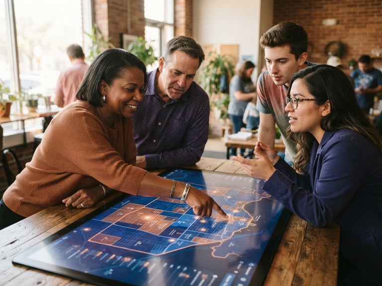 Warm editorial photography of community members collaborating over a large digital map of Missouri neighborhoods, natural window light, indigo and copper tones, shallow depth of field.