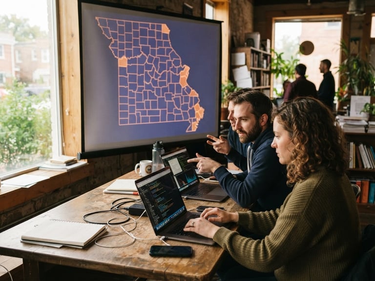 A high-contrast digital map of Missouri counties projected on a screen, civic researchers collaborating with laptops under warm window light, shallow depth of field.