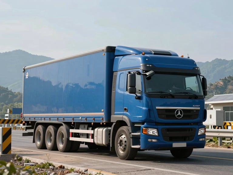 A large blue transport truck parked securely near a border checkpoint, high-contrast natural daylight, mountains in the far background.