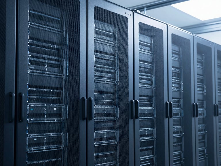 Server racks in a modern data center, clean daylight, cool blue tones, sharp focus, architectural framing, 35mm lens