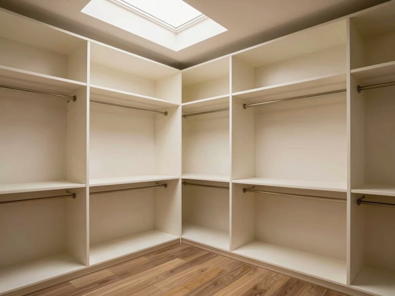 Wide shot of a finished walk-in closet with floor-to-ceiling built-in shelving and hanging rods, warm white painted finish, natural daylight from a skylight above, showing full room scale and the fitted corner detail where two walls meet