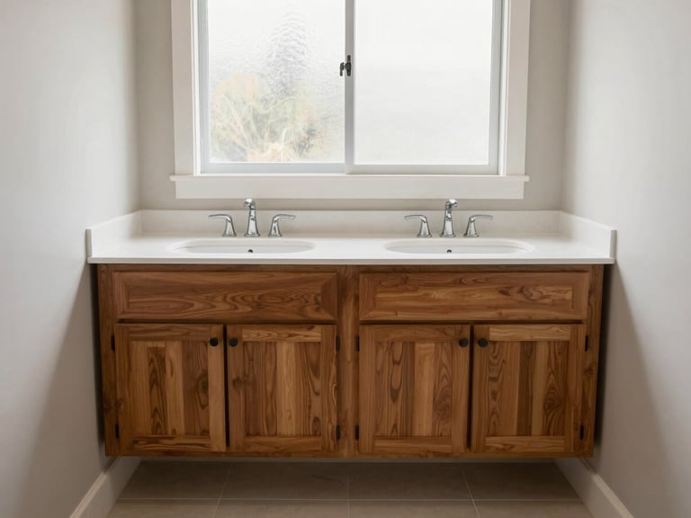 Wide shot of a finished double-sink bathroom vanity with warm walnut cabinet doors, white quartz countertop, natural daylight from a frosted window above, showing how the vanity fits flush to both side walls with no gaps, real tile floor and mirror visible