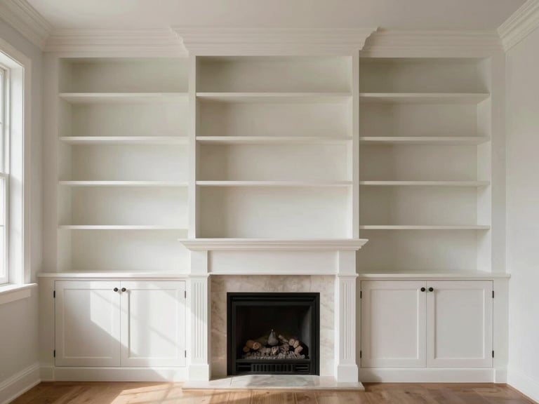 Environmental shot of a living room built-in shelving unit flanking a fireplace, painted white with adjustable shelves and lower cabinet doors, natural afternoon light from a nearby window, showing the full floor-to-ceiling height and how the unit fills the alcove precisely