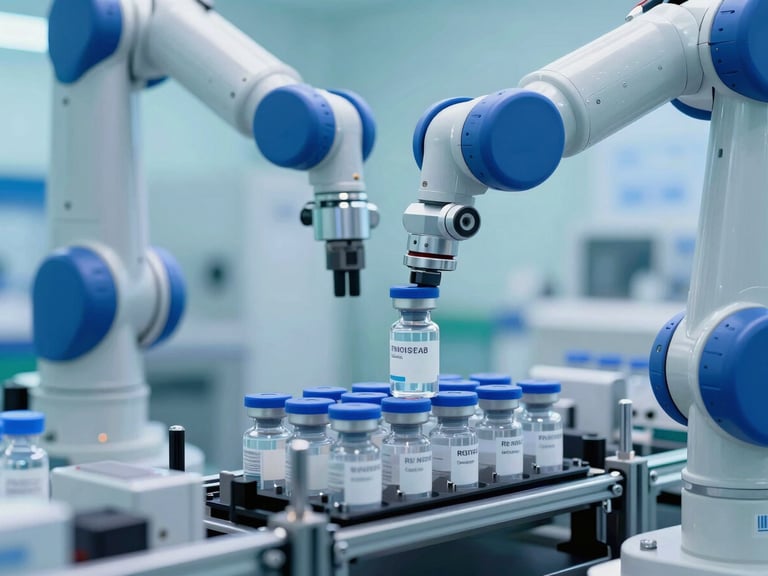 Extreme close-up of an automated robotic production line handling sterile vials, cool clinical lighting with royal blue accents, crisp 35mm photography.