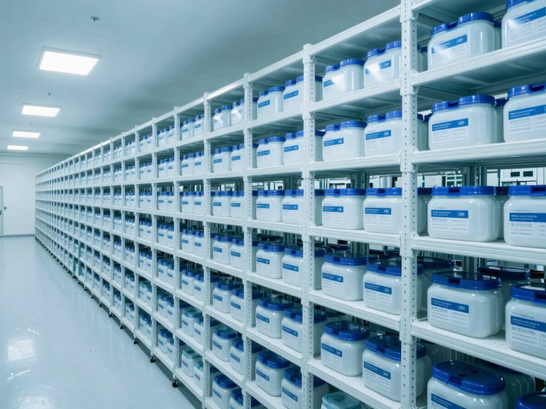 Wide architectural shot of a massive temperature-controlled pharmaceutical storage facility, pristine white racks, cool blue lighting, depth of field.